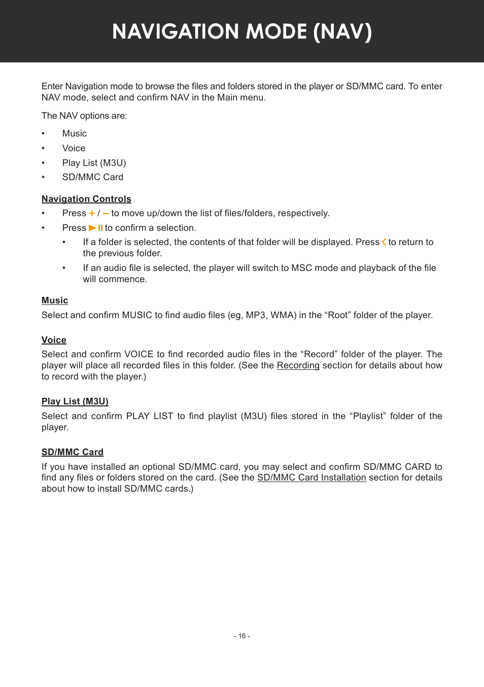 Navigation mode (nav), Navigation controls, Music | Voice, Play list (m3u), Sd/mmc card | COBY electronic MP-C351 User Manual | Page 16 / 32