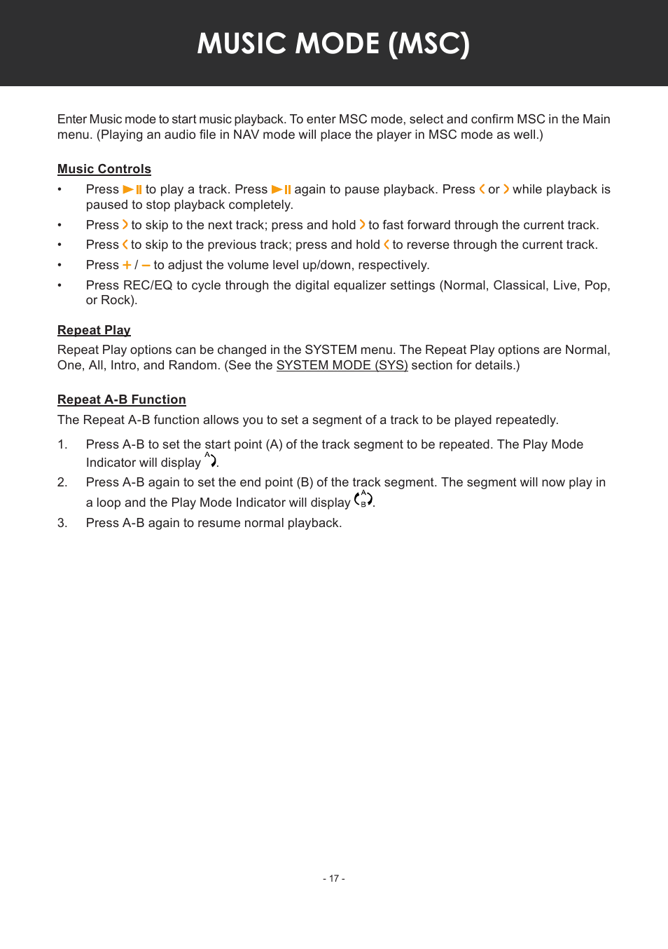 Music mode (msc), Music controls, Repeat play | Repeat a-b function | COBY electronic MP-C351 User Manual | Page 17 / 32