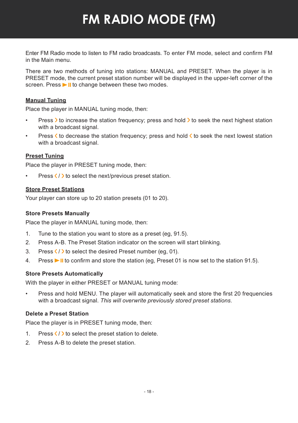 Fm radio mode (fm), Manual tuning, Preset tuning | Store preset stations, Store presets manually, Store presets automatically, Delete a preset station | COBY electronic MP-C351 User Manual | Page 18 / 32