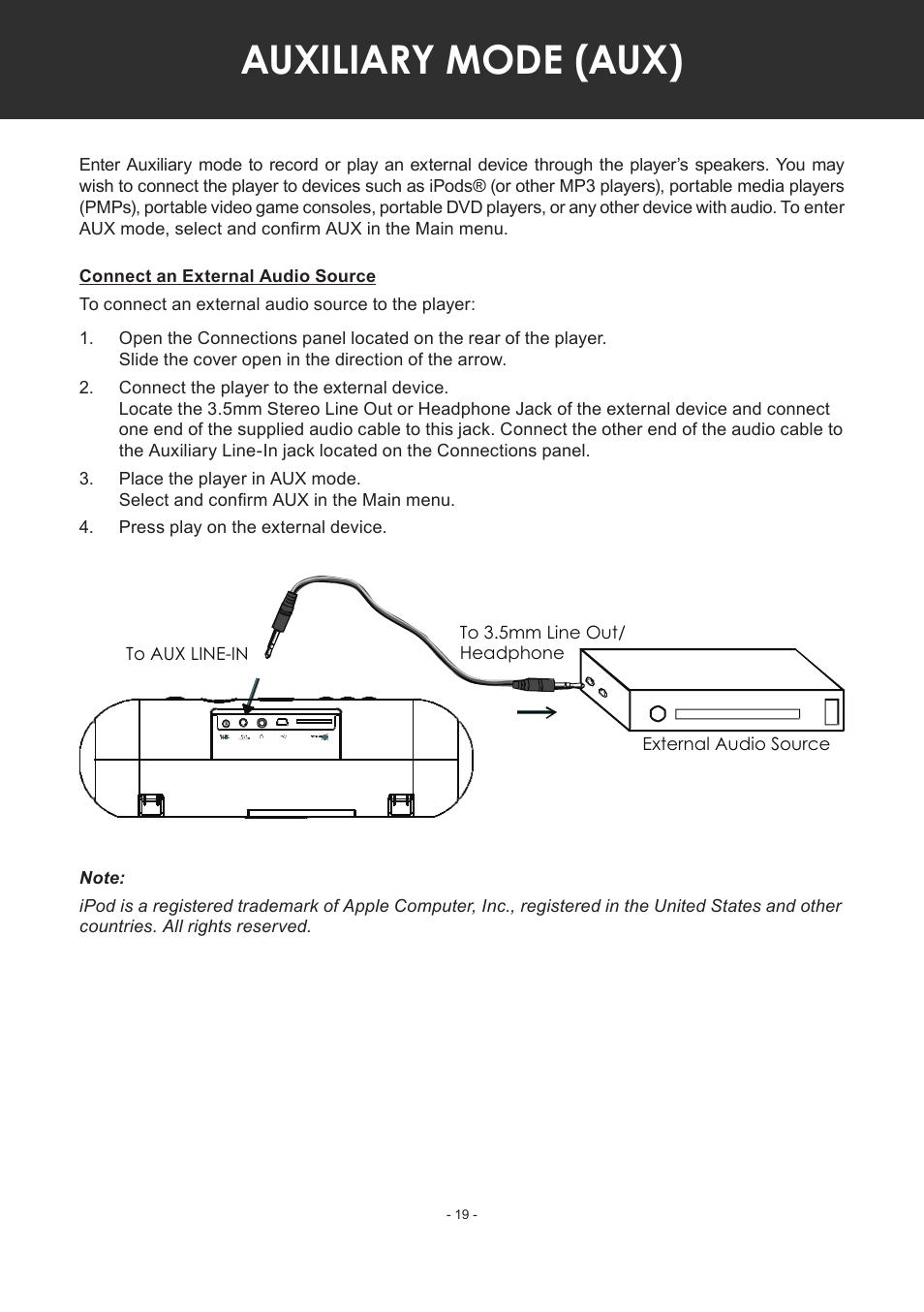 Auxiliary mode (aux), Connect an external audio source | COBY electronic MP-C351 User Manual | Page 19 / 32