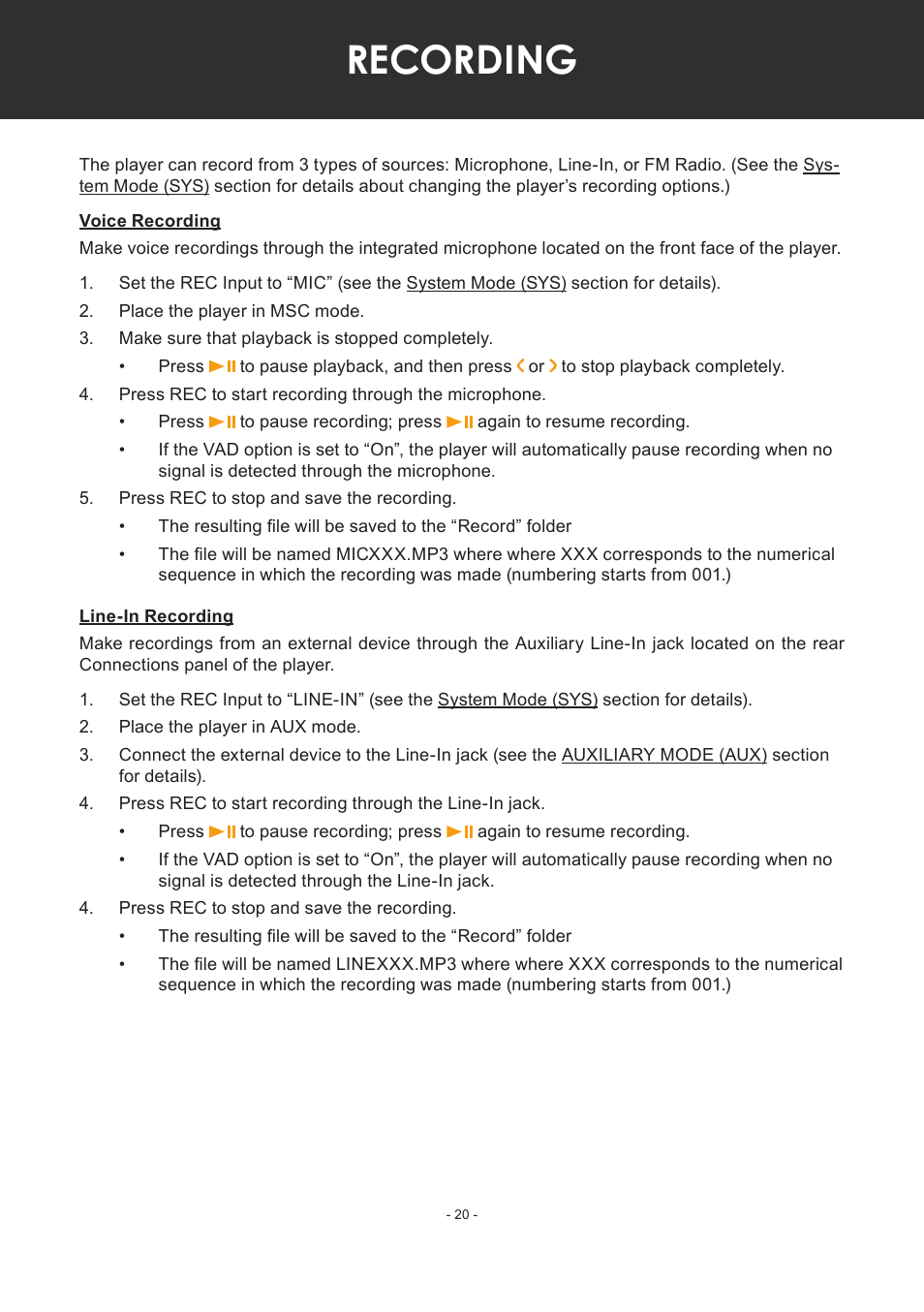 Recording, Voice recording, Line-in recording | COBY electronic MP-C351 User Manual | Page 20 / 32