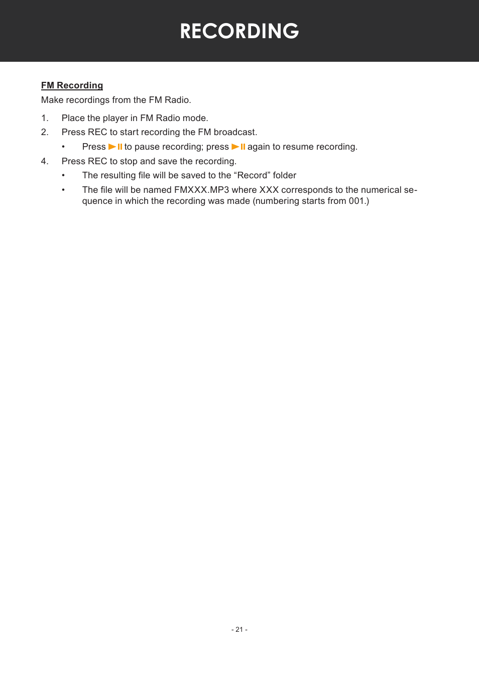 Fm recording, Recording | COBY electronic MP-C351 User Manual | Page 21 / 32