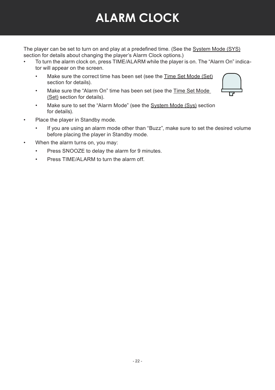 Alarm clock | COBY electronic MP-C351 User Manual | Page 22 / 32