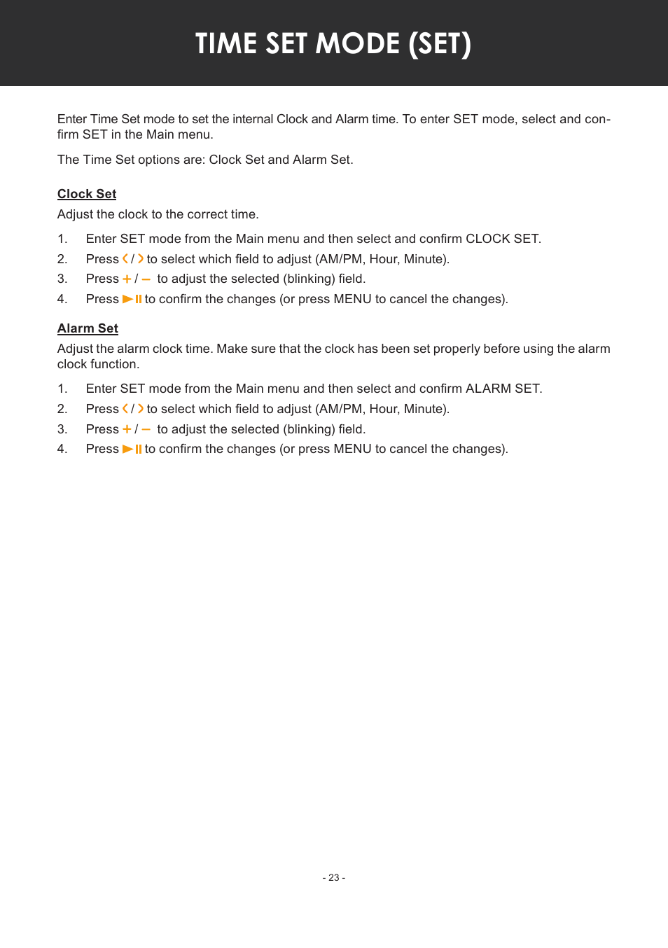 Time set mode (set), Clock set, Alarm set | COBY electronic MP-C351 User Manual | Page 23 / 32