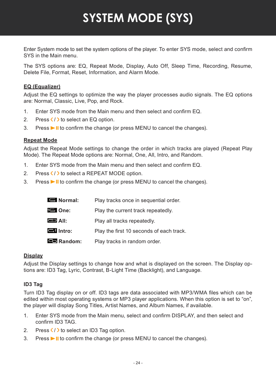 System mode (sys), Eq (equalizer), Repeat mode | Display, Id3 tag | COBY electronic MP-C351 User Manual | Page 24 / 32