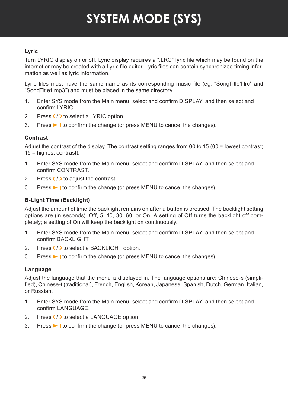 Lyric, Contrast, B-light time (backlight) | Language, System mode (sys) | COBY electronic MP-C351 User Manual | Page 25 / 32