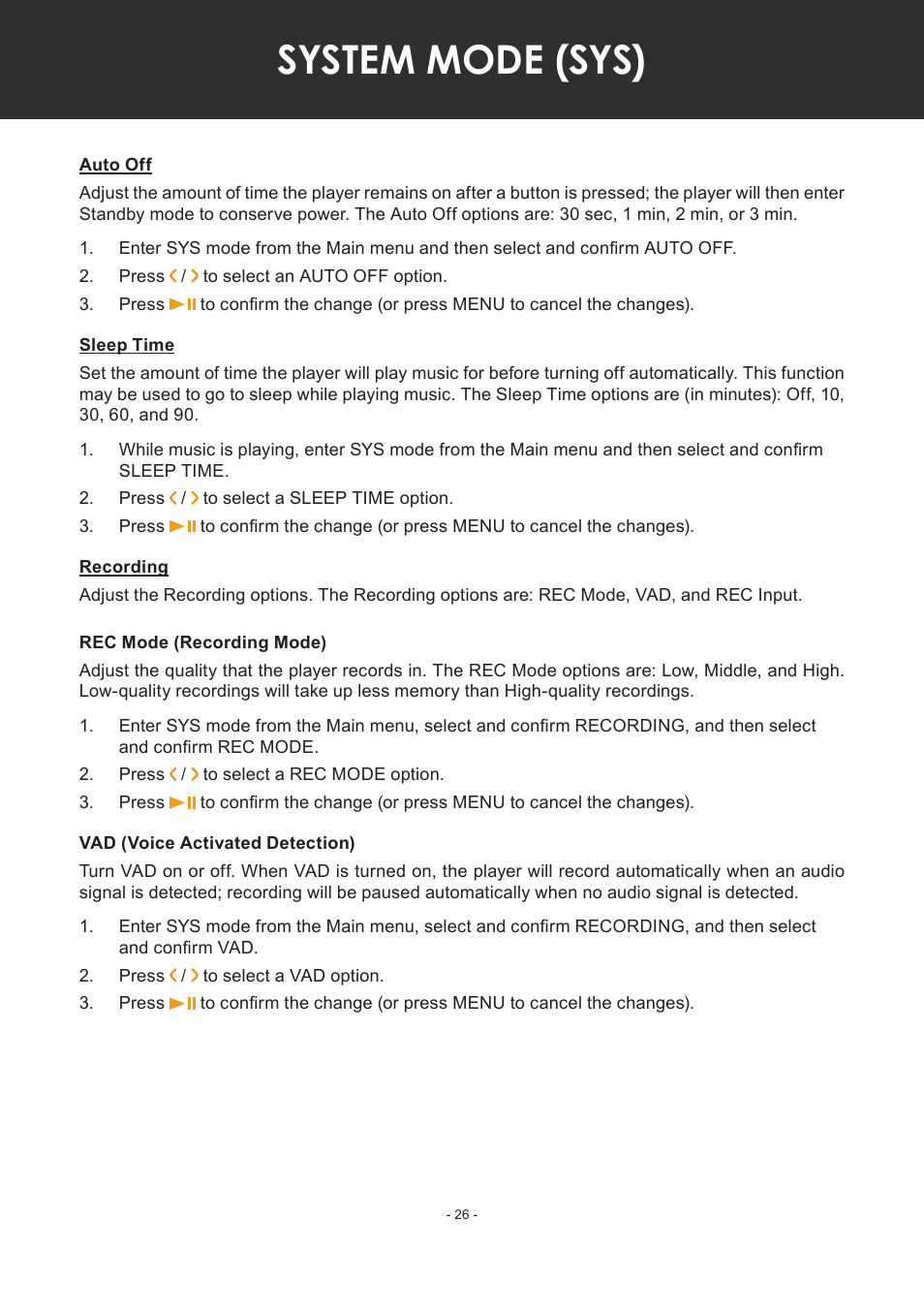 Auto off, Sleep time, Recording | Rec mode (recording mode), Vad (voice activated detection), System mode (sys) | COBY electronic MP-C351 User Manual | Page 26 / 32