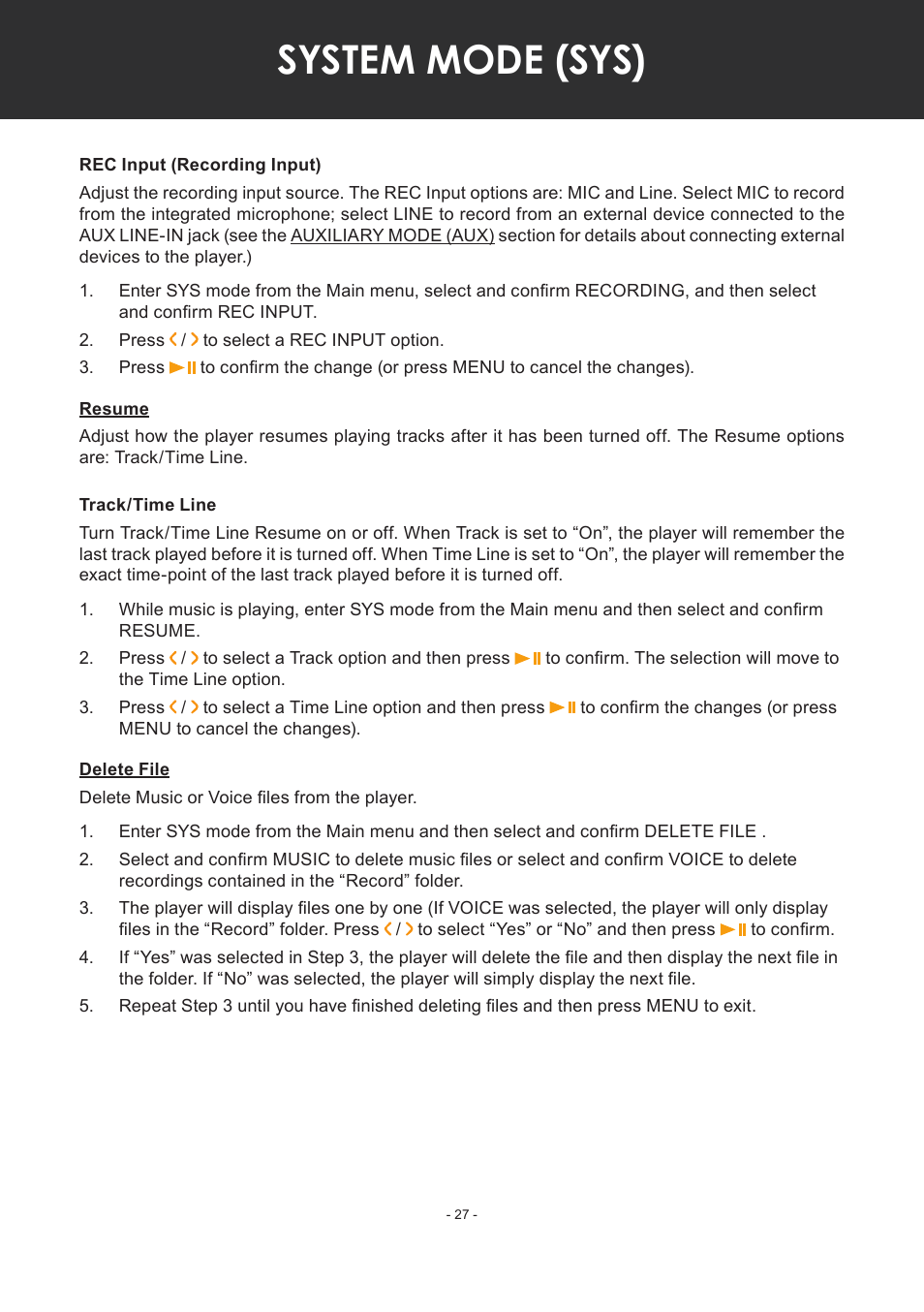 Rec input (recording input), Resume, Track/time line | Delete file, System mode (sys) | COBY electronic MP-C351 User Manual | Page 27 / 32