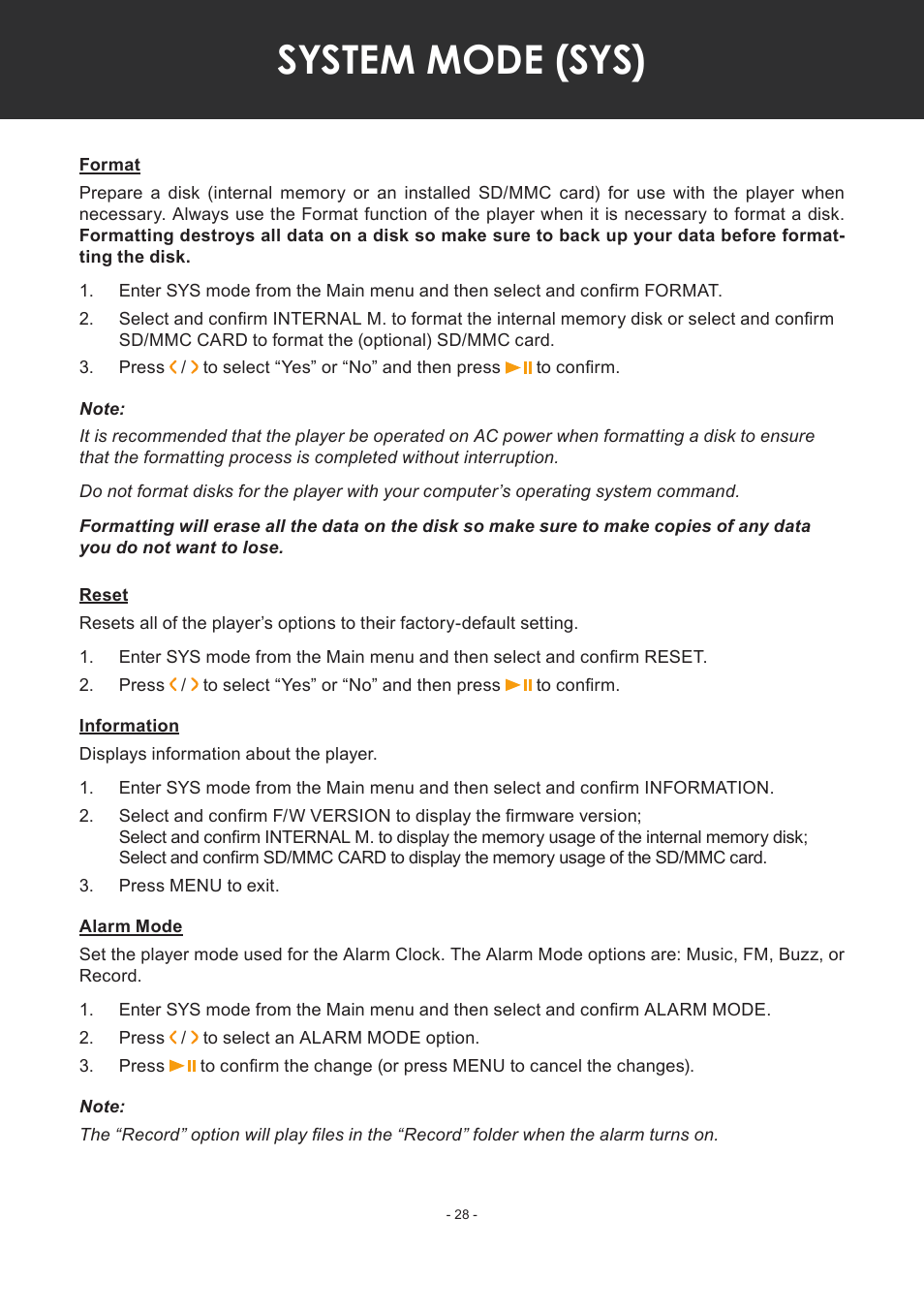 Format, Reset, Information | Alarm mode, System mode (sys) | COBY electronic MP-C351 User Manual | Page 28 / 32