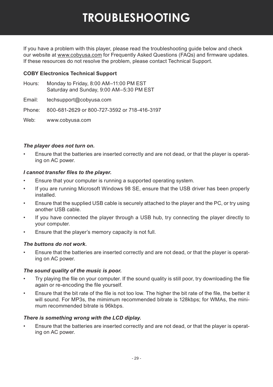 Troubleshooting | COBY electronic MP-C351 User Manual | Page 29 / 32