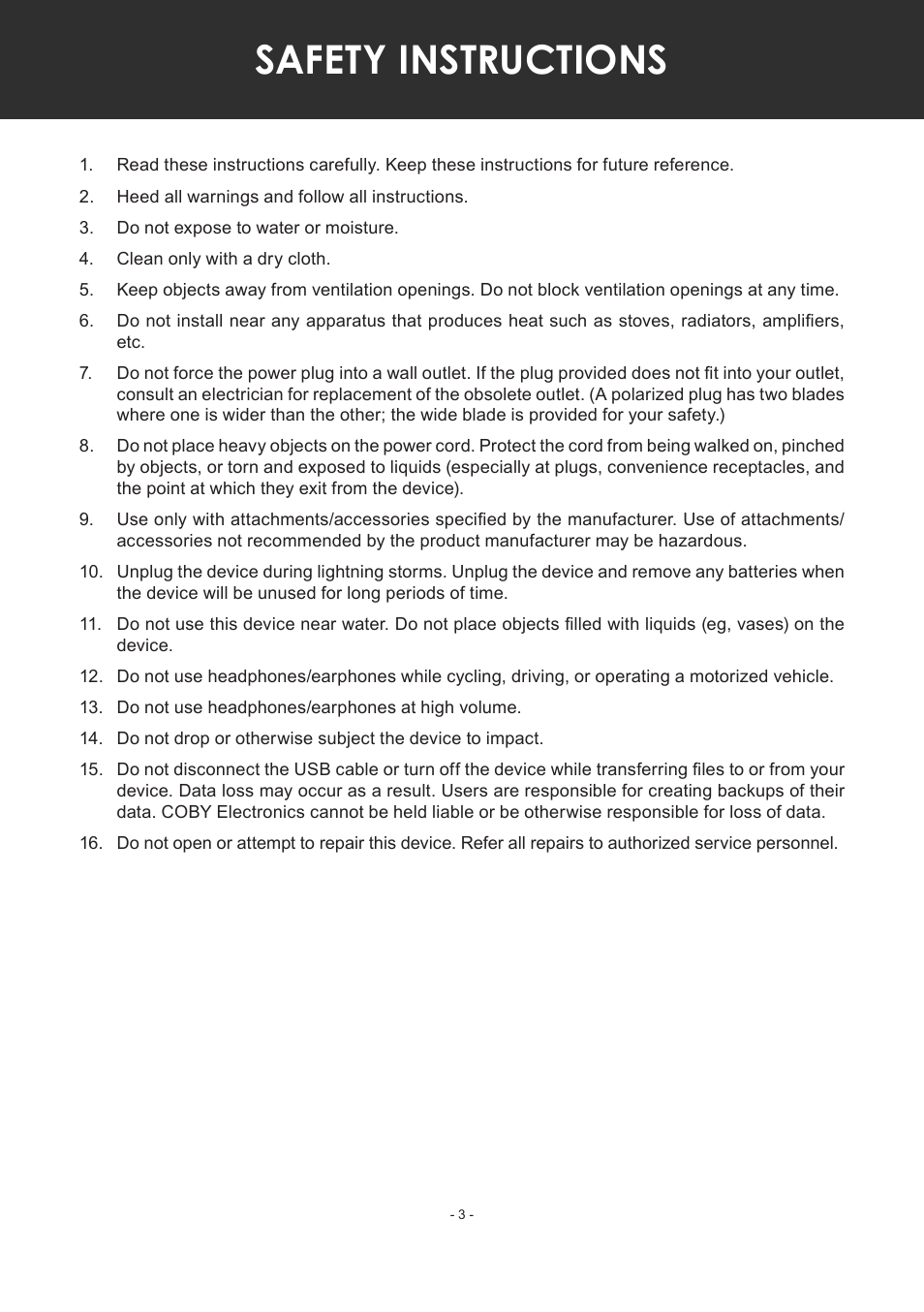 Safety instructions | COBY electronic MP-C351 User Manual | Page 3 / 32