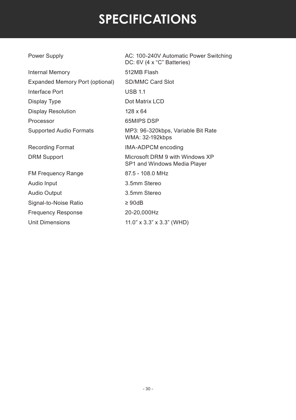 Specifications | COBY electronic MP-C351 User Manual | Page 30 / 32