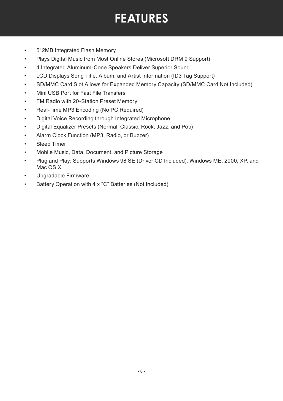 Features | COBY electronic MP-C351 User Manual | Page 6 / 32