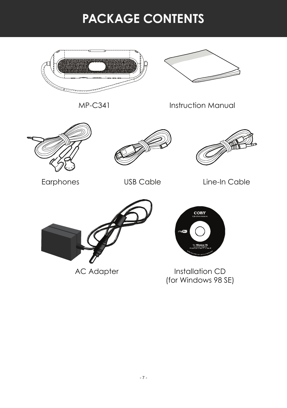 Package contents | COBY electronic MP-C351 User Manual | Page 7 / 32