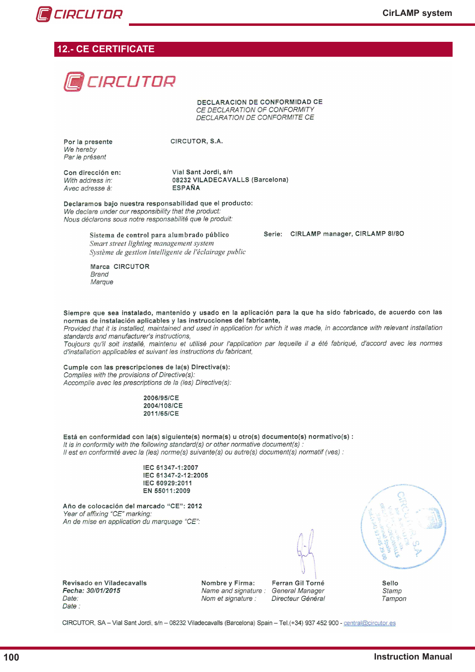 CIRCUTOR CIRLAMP Series User Manual | Page 100 / 102