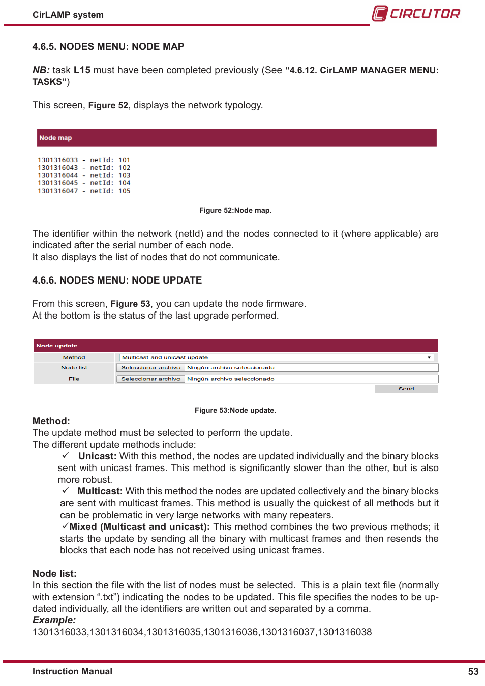 Nodes menu: node map, Nodes menu: node update | CIRCUTOR CIRLAMP Series User Manual | Page 53 / 102