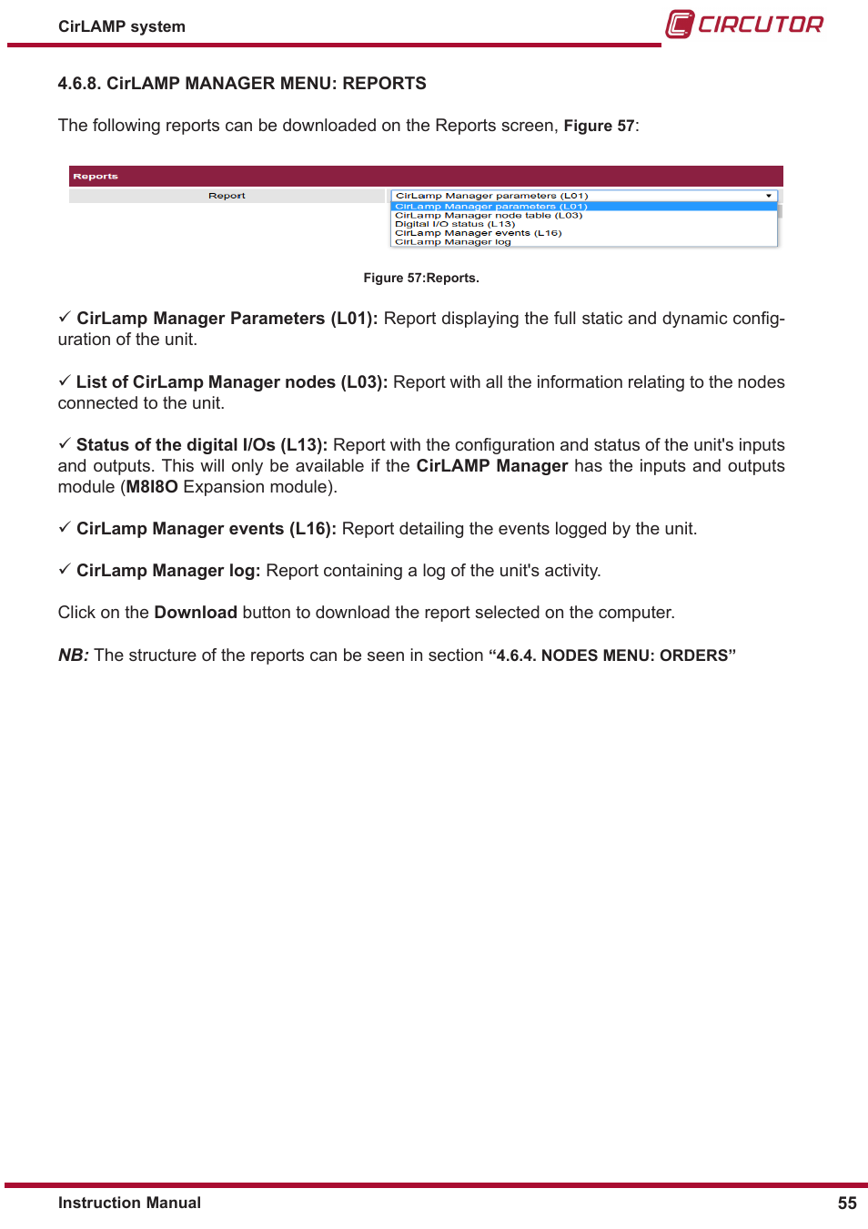 Cirlamp manager menu: reports | CIRCUTOR CIRLAMP Series User Manual | Page 55 / 102