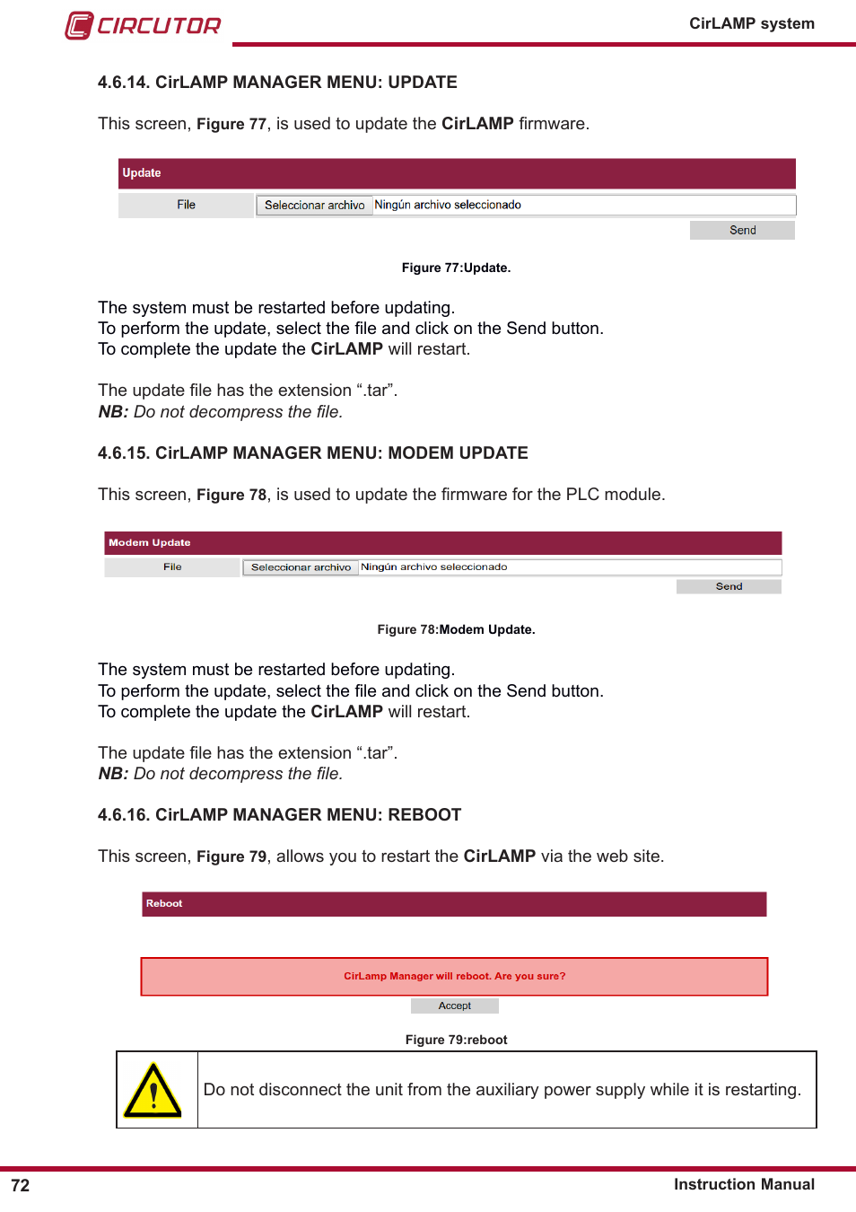 Cirlamp manager menu: update, Cirlamp manager menu: modem update, Cirlamp manager menu: reboot | CIRCUTOR CIRLAMP Series User Manual | Page 72 / 102