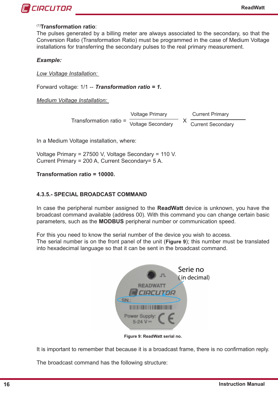 Special broadcast command, Serie no | CIRCUTOR ReadWatt Series User Manual | Page 16 / 22