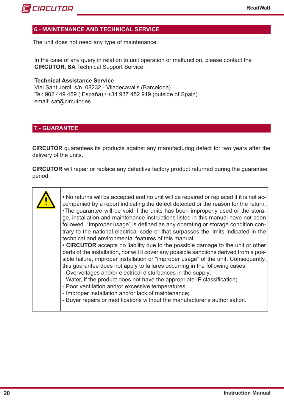Maintenance and technical service, Guarantee | CIRCUTOR ReadWatt Series User Manual | Page 20 / 22