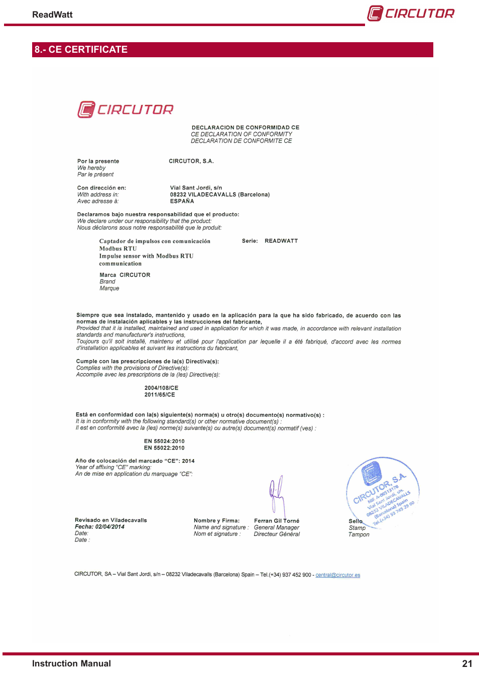 Ce certificate | CIRCUTOR ReadWatt Series User Manual | Page 21 / 22