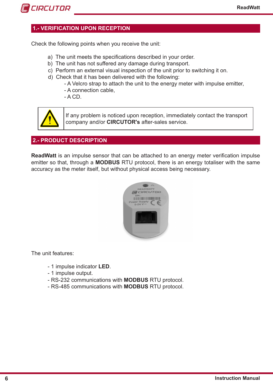 Verification upon reception, Product description | CIRCUTOR ReadWatt Series User Manual | Page 6 / 22