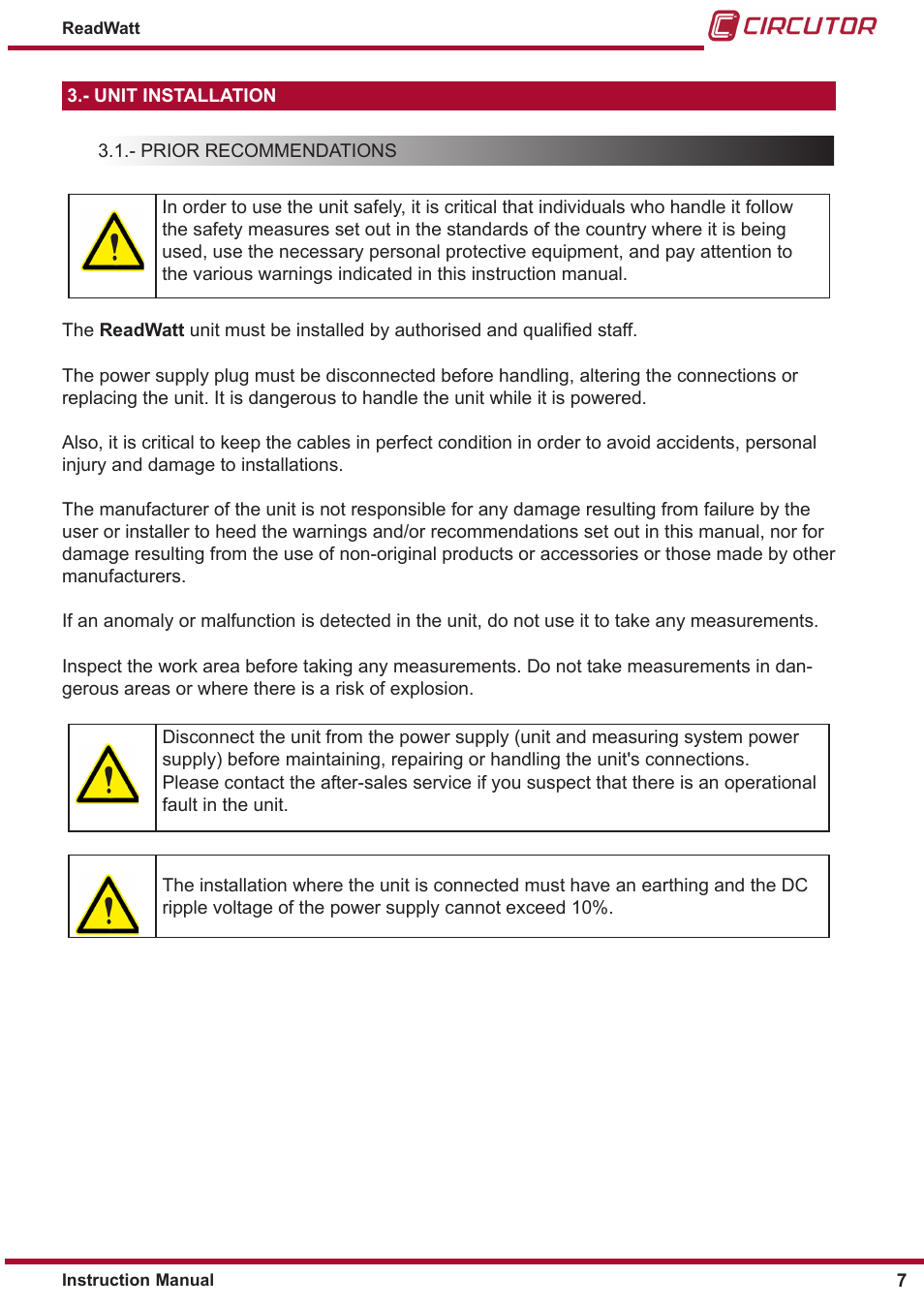 Unit installation, Prior recommendations | CIRCUTOR ReadWatt Series User Manual | Page 7 / 22