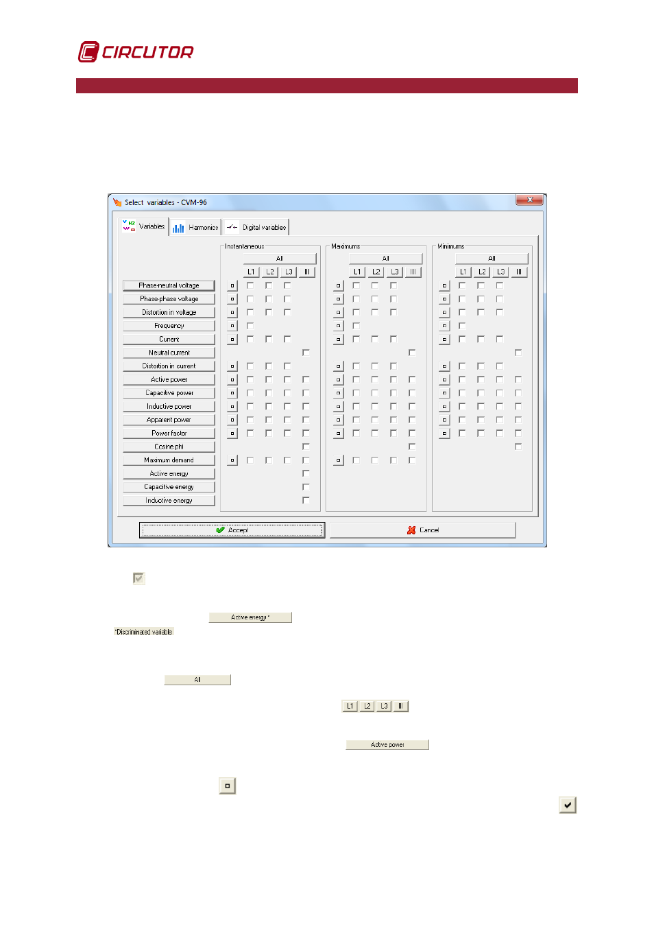 Variable selection | CIRCUTOR PowerStudio Series User Manual | Page 24 / 110