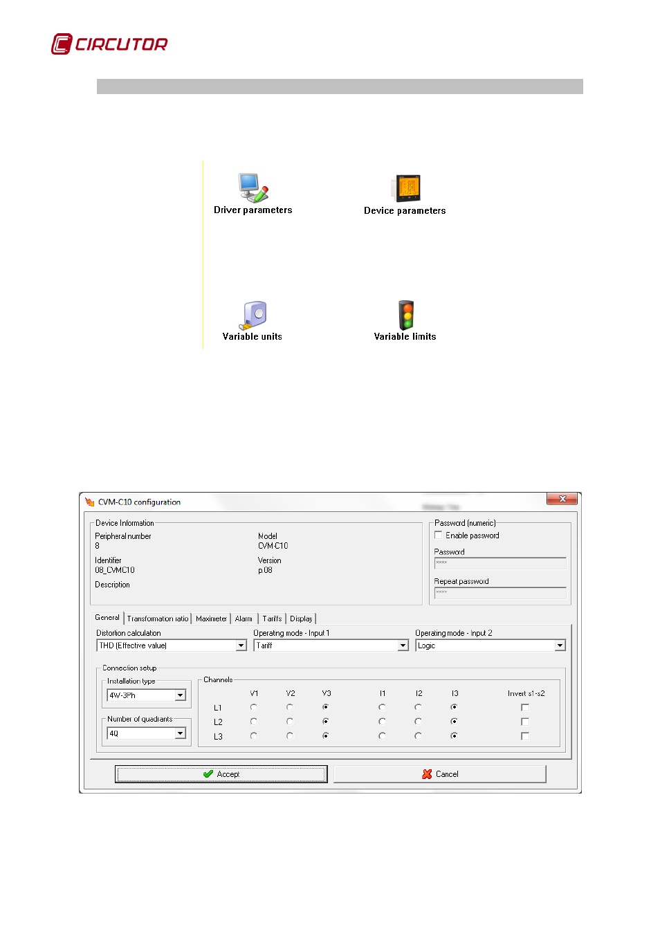 Driver options, 1 device parameters, Cvm-c10 | Device parameters | CIRCUTOR PowerStudio Series User Manual | Page 106 / 292