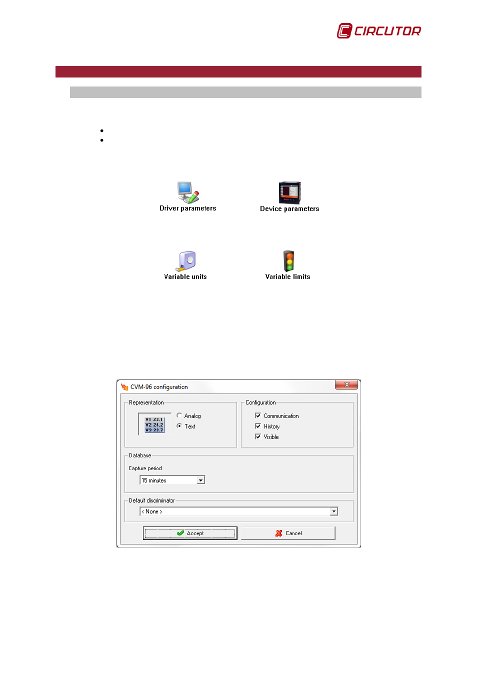1 driver parameters, Devices, Driver | Option, Configuration, Driver parameters, Driver option configuration | CIRCUTOR PowerStudio Series User Manual | Page 11 / 292