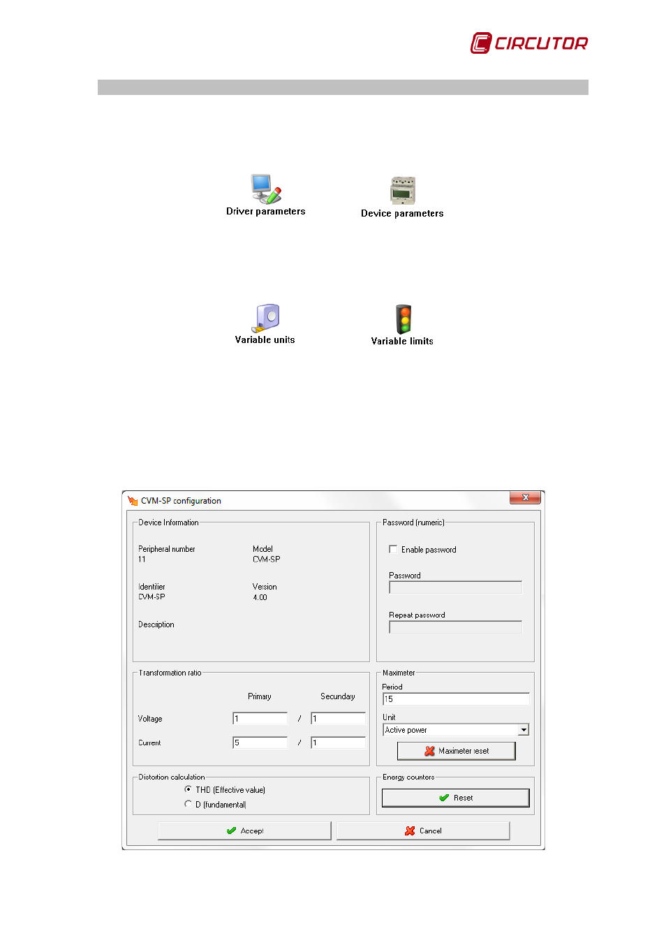 Driver options, 1 device parameters, Cvm-sp | Device parameters | CIRCUTOR PowerStudio Series User Manual | Page 145 / 292