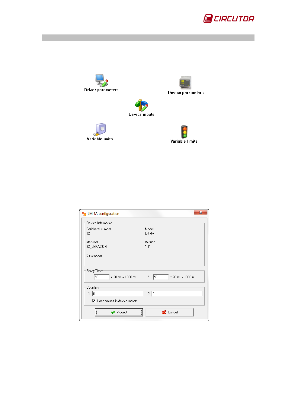 Driver options, 1 device parameters, Lm4a-2io-m | Device parameters | CIRCUTOR PowerStudio Series User Manual | Page 187 / 292