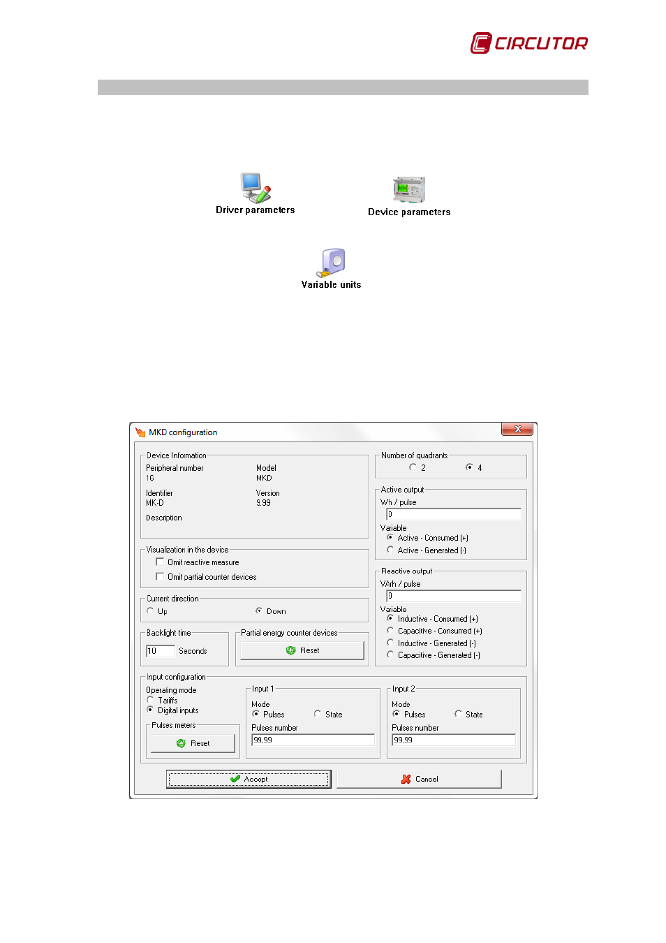 Driver options, 1 device parameters, Device parameters | CIRCUTOR PowerStudio Series User Manual | Page 201 / 292