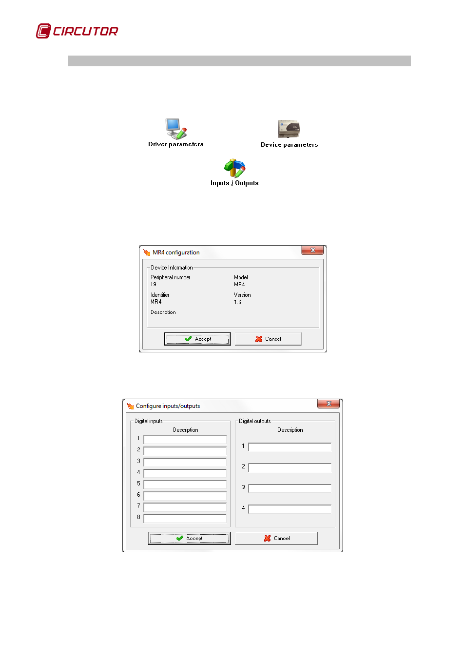 Driver options, 1 device parameters, 2 inputs / outputs | Device parameters, Inputs / outputs | CIRCUTOR PowerStudio Series User Manual | Page 210 / 292