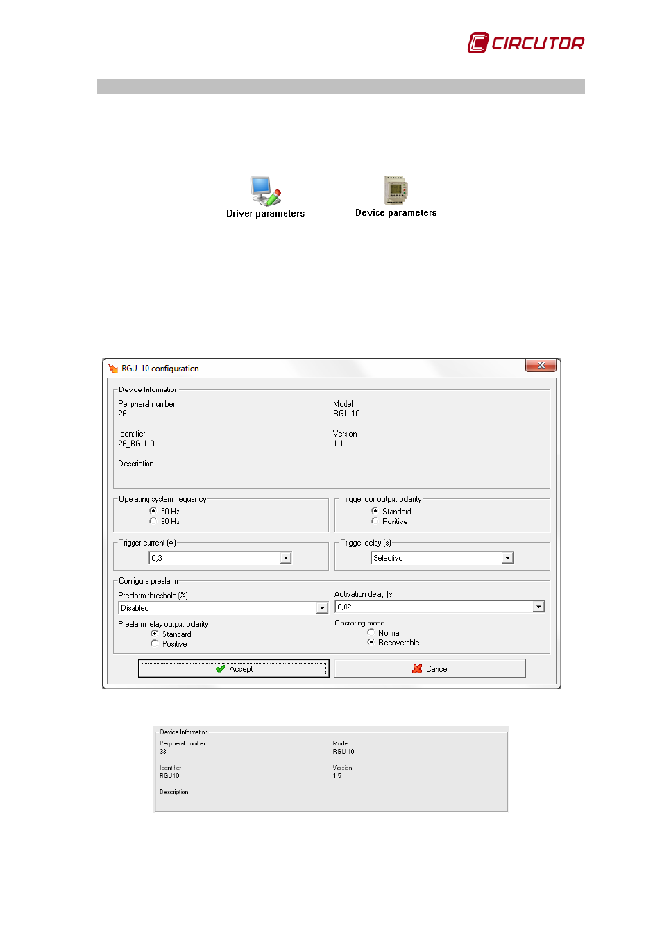 Driver options, 1 device parameters, 1 rgu-10 | Rgu-10, Device parameters, Rgu-10 / rgu-10 ra, 1 driver options | CIRCUTOR PowerStudio Series User Manual | Page 223 / 292