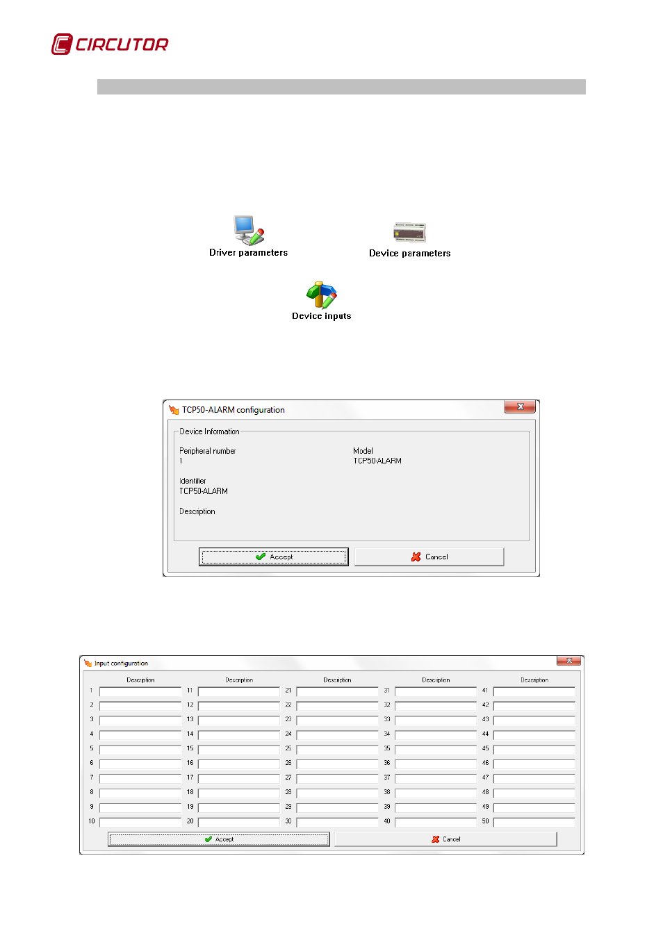 Driver options, 1 device parameters, 2 device inputs | Tcp50–alarm, Device parameters, Device inputs | CIRCUTOR PowerStudio Series User Manual | Page 248 / 292
