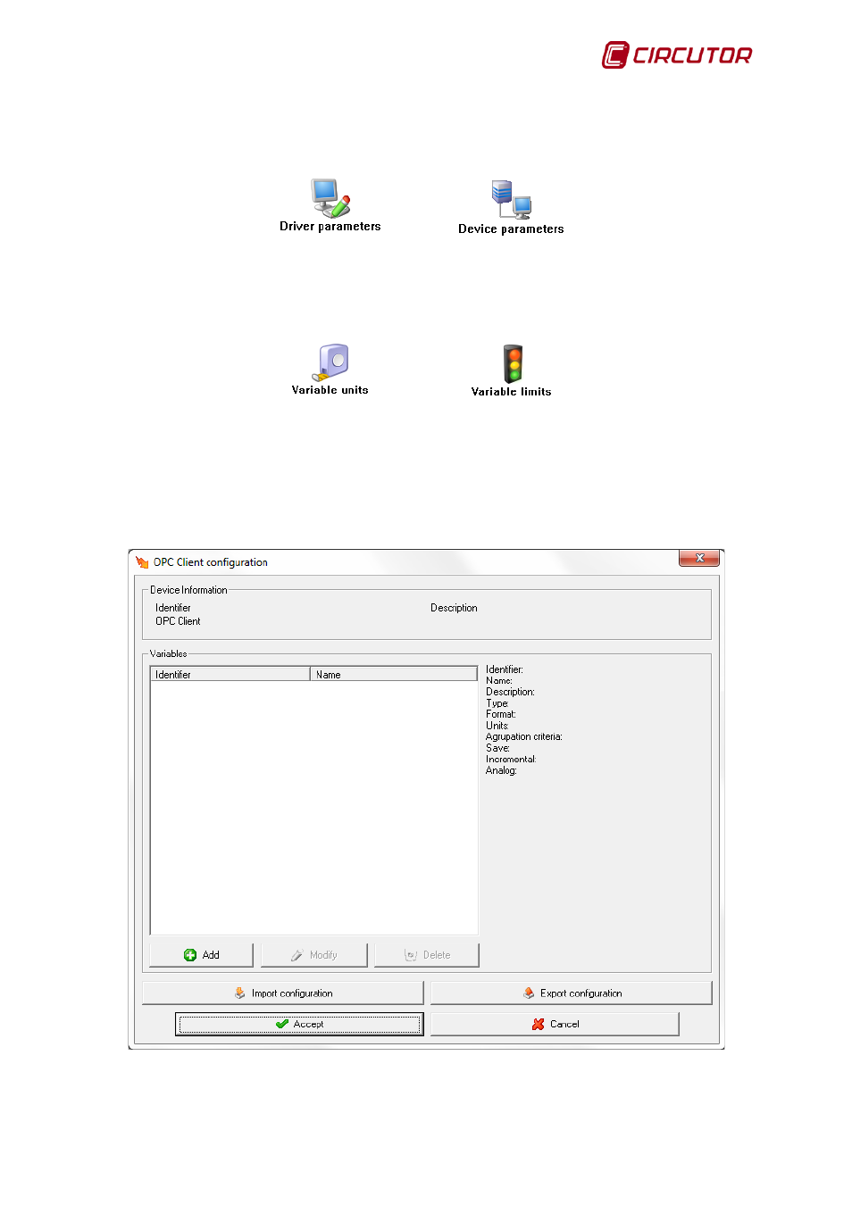 2 driver options, 1 device parameters, Driver options | Device parameters | CIRCUTOR PowerStudio Series User Manual | Page 61 / 292