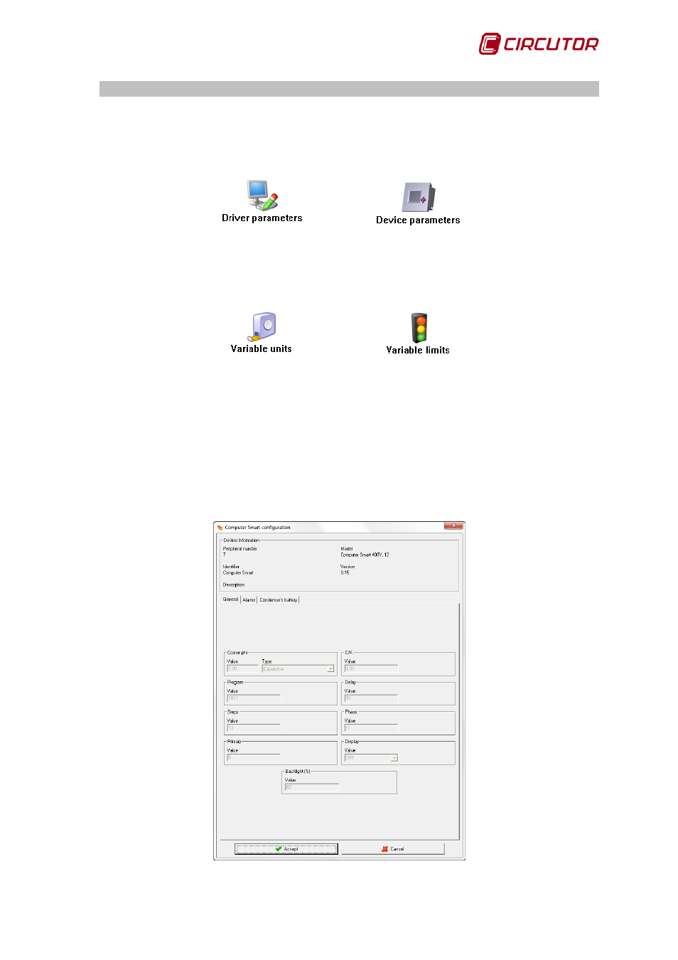 Driver options, 1 device parameters, Computer | Smart, Device parameters | CIRCUTOR PowerStudio Series User Manual | Page 73 / 292