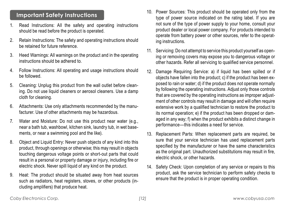 COBY electronic 180BW User Manual | Page 12 / 16