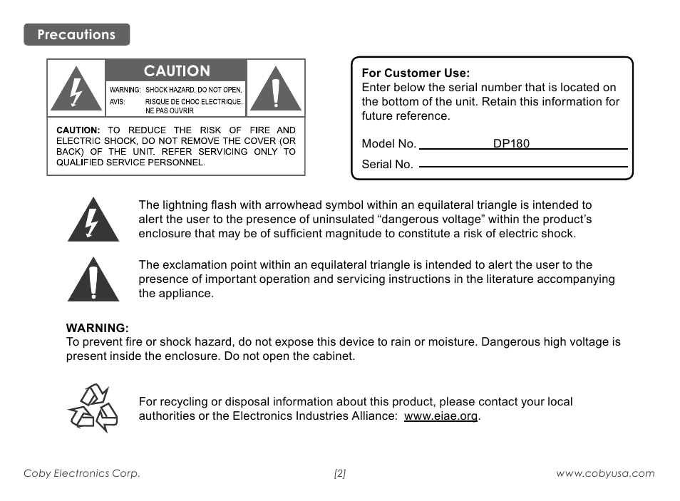 COBY electronic 180BW User Manual | Page 2 / 16
