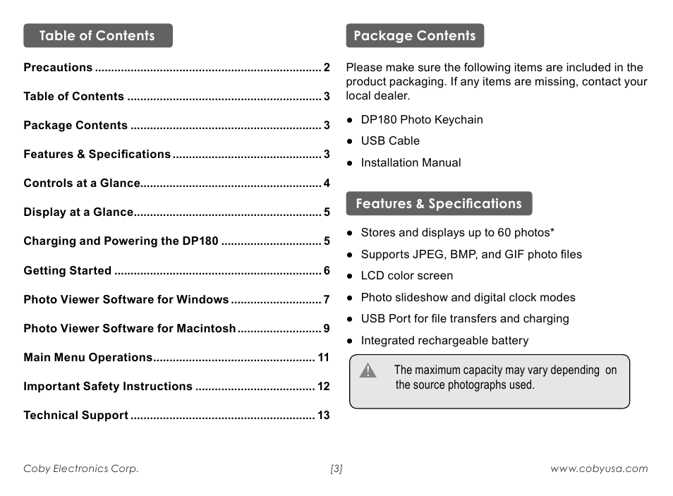 COBY electronic 180BW User Manual | Page 3 / 16