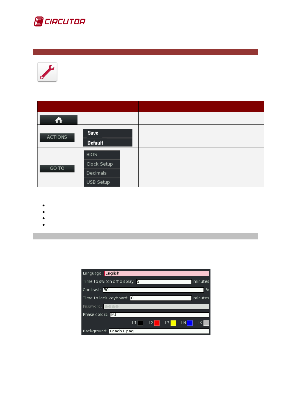 8 settings menu, 1 bios configuration, 1 language | Settings menu, Bios, Configuration, Language | CIRCUTOR AR6 Series User Manual | Page 22 / 69