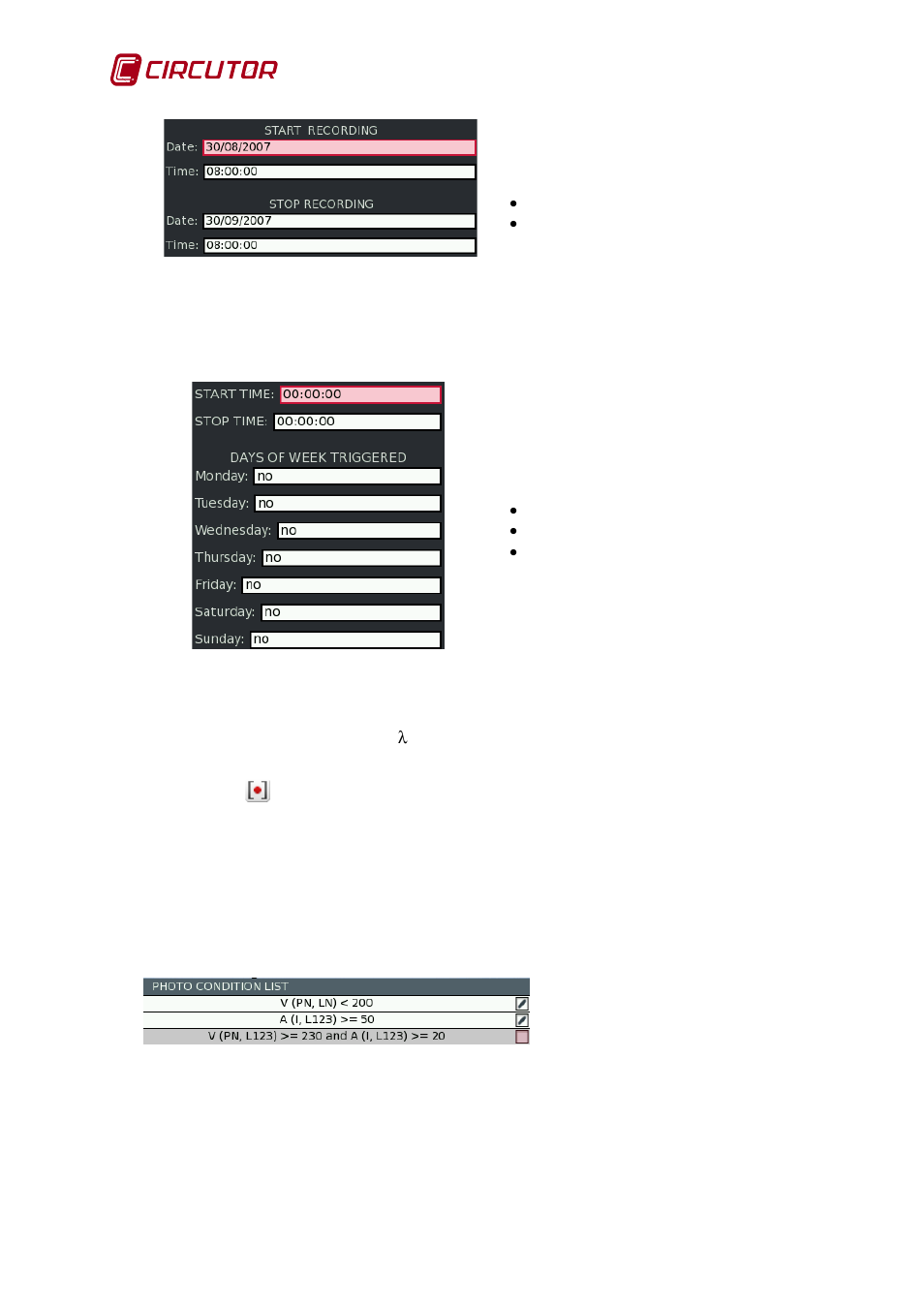 7 periodic trigger, 8 photo trigger conditions using measured data, Periodic trigger | Phototriggerconditions using measured data | CIRCUTOR AR6 Series User Manual | Page 34 / 69