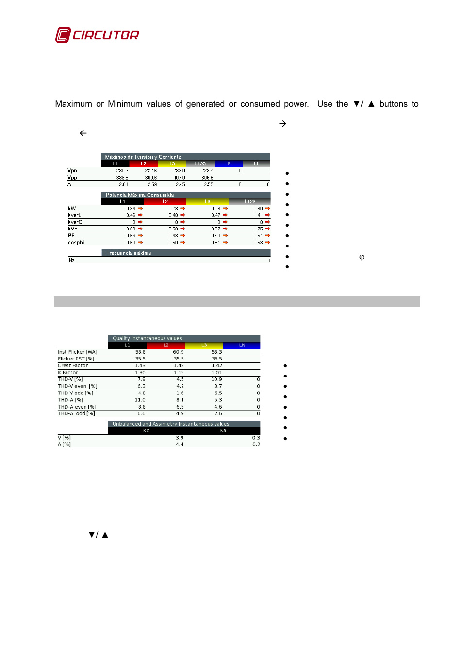 2 power quality screen, 1 view quality maximum or minimum values option, Power | Uality, Creen, View quality maximum or minimum values option | CIRCUTOR AR6 Series User Manual | Page 44 / 69
