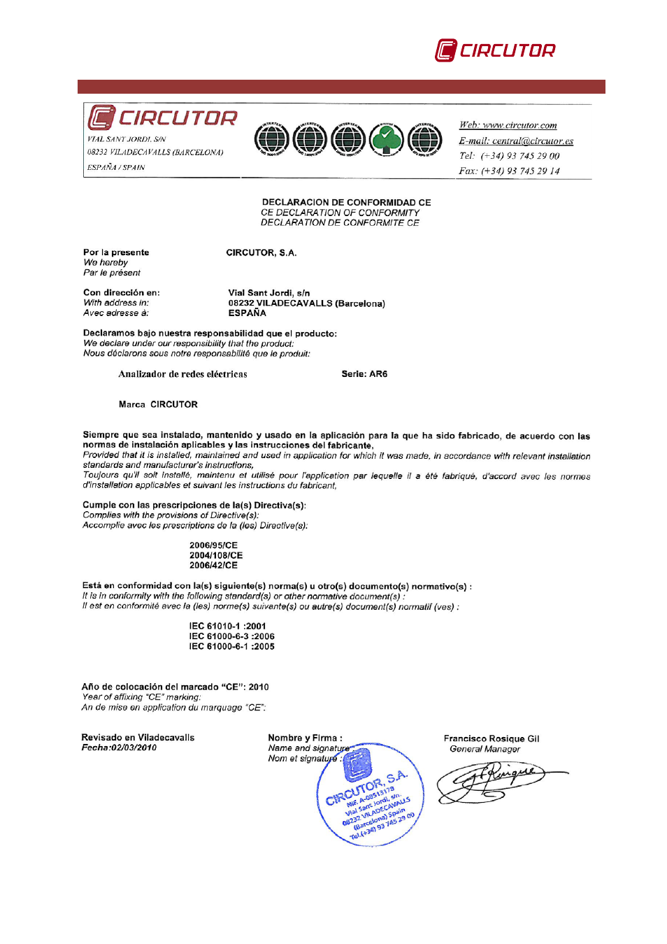 25 ce certification, Ce certification | CIRCUTOR AR6 Series User Manual | Page 69 / 69