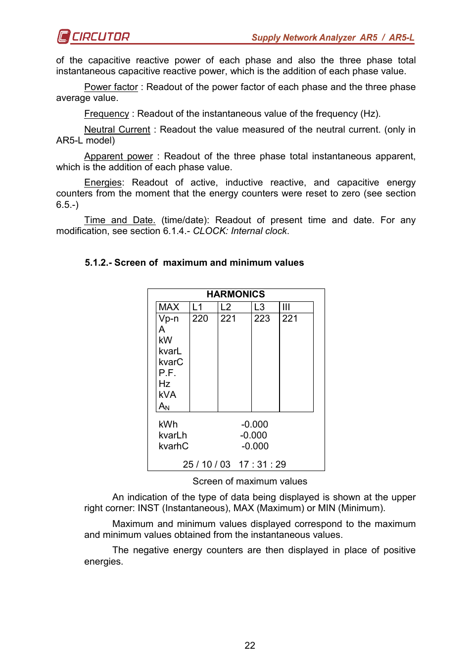 CIRCUTOR AR5L Series User Manual | Page 22 / 52