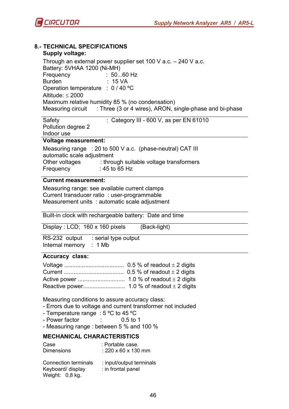 CIRCUTOR AR5L Series User Manual | Page 46 / 52