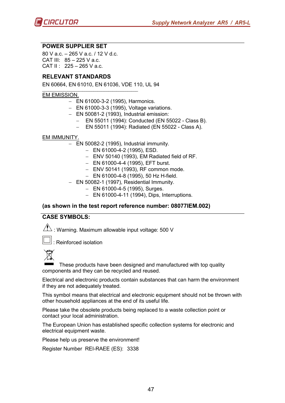 CIRCUTOR AR5L Series User Manual | Page 47 / 52