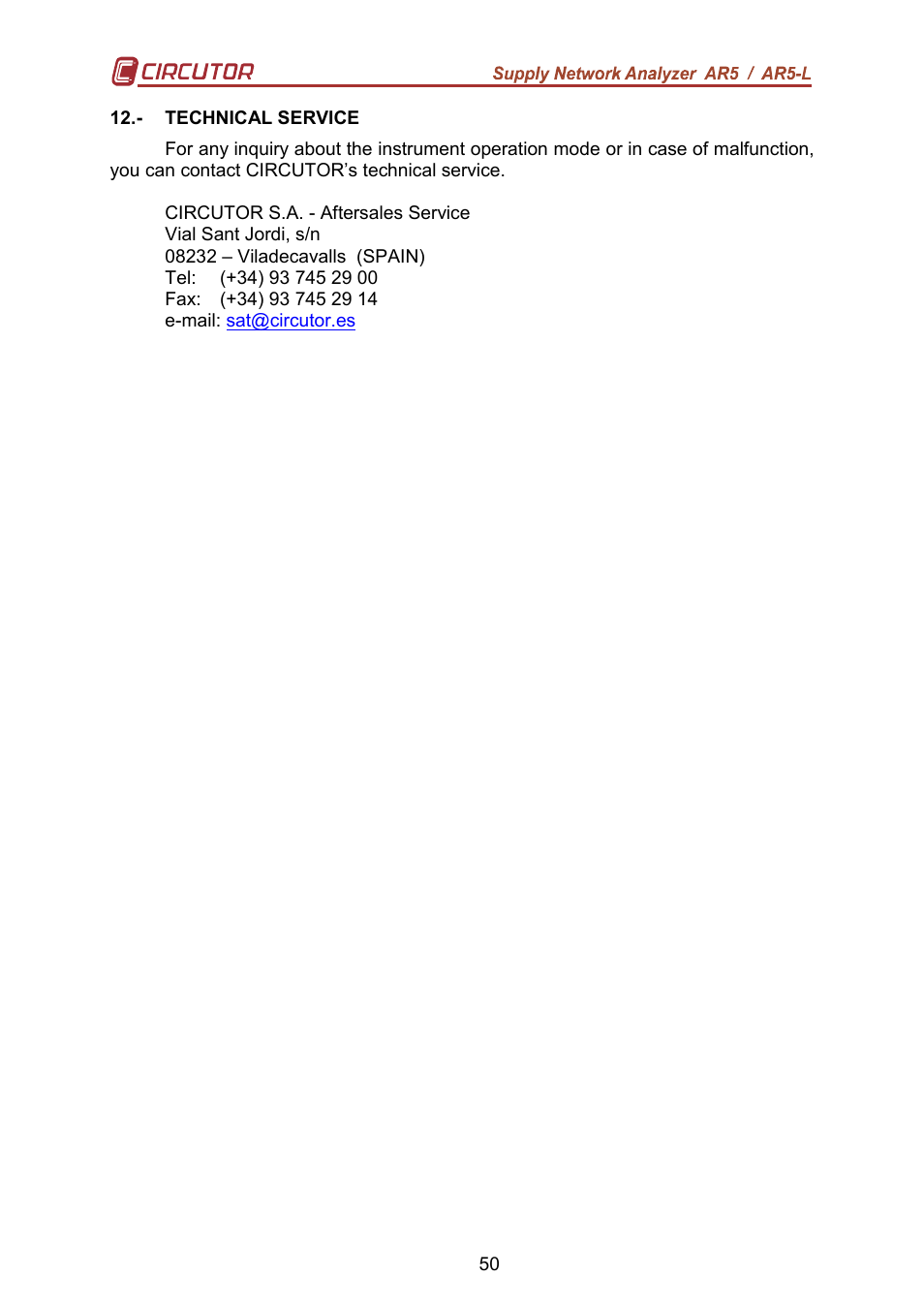 CIRCUTOR AR5L Series User Manual | Page 50 / 52