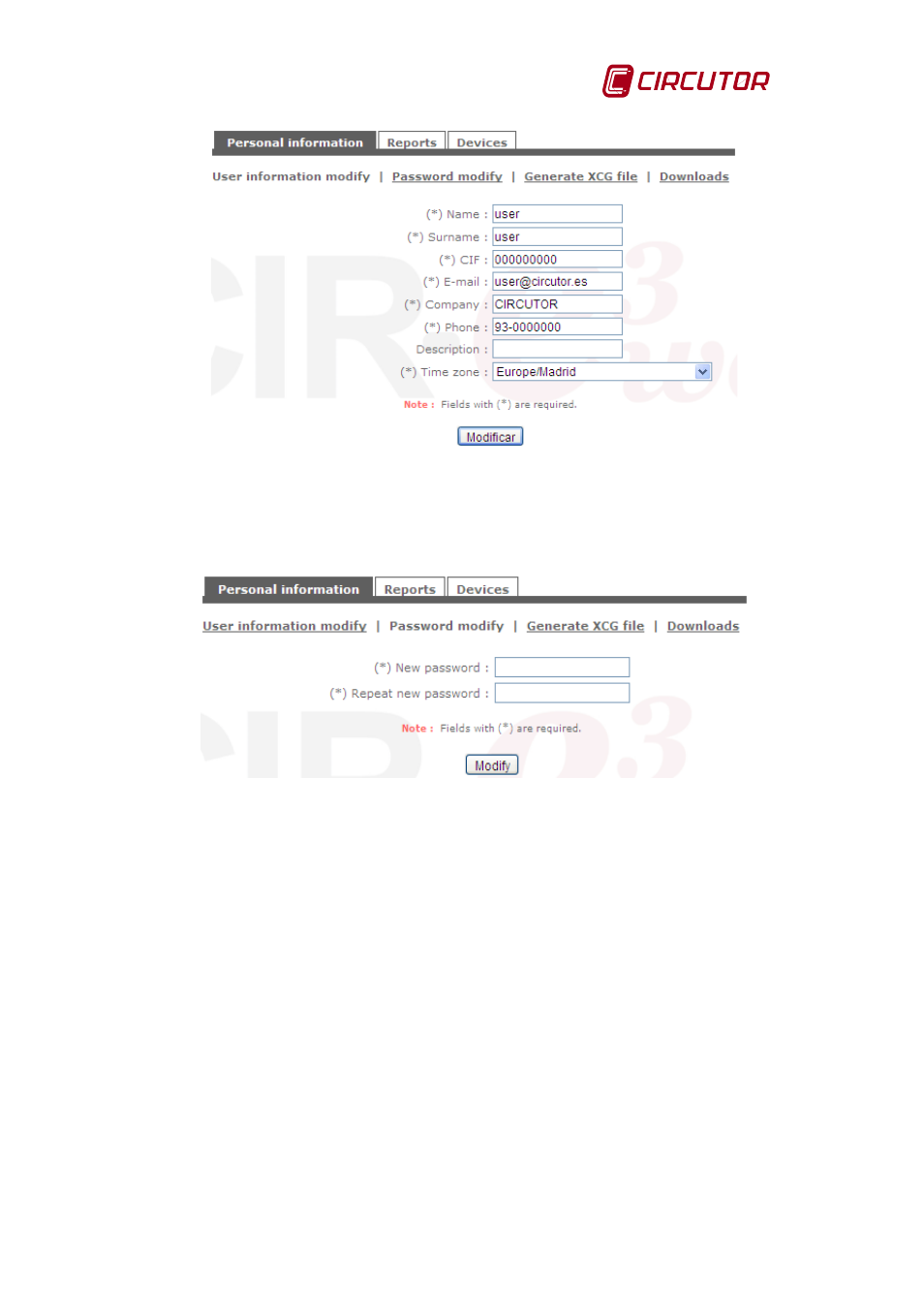 Change password, Generate xcg file, Downloads | CIRCUTOR CIRe3 Series User Manual | Page 21 / 50